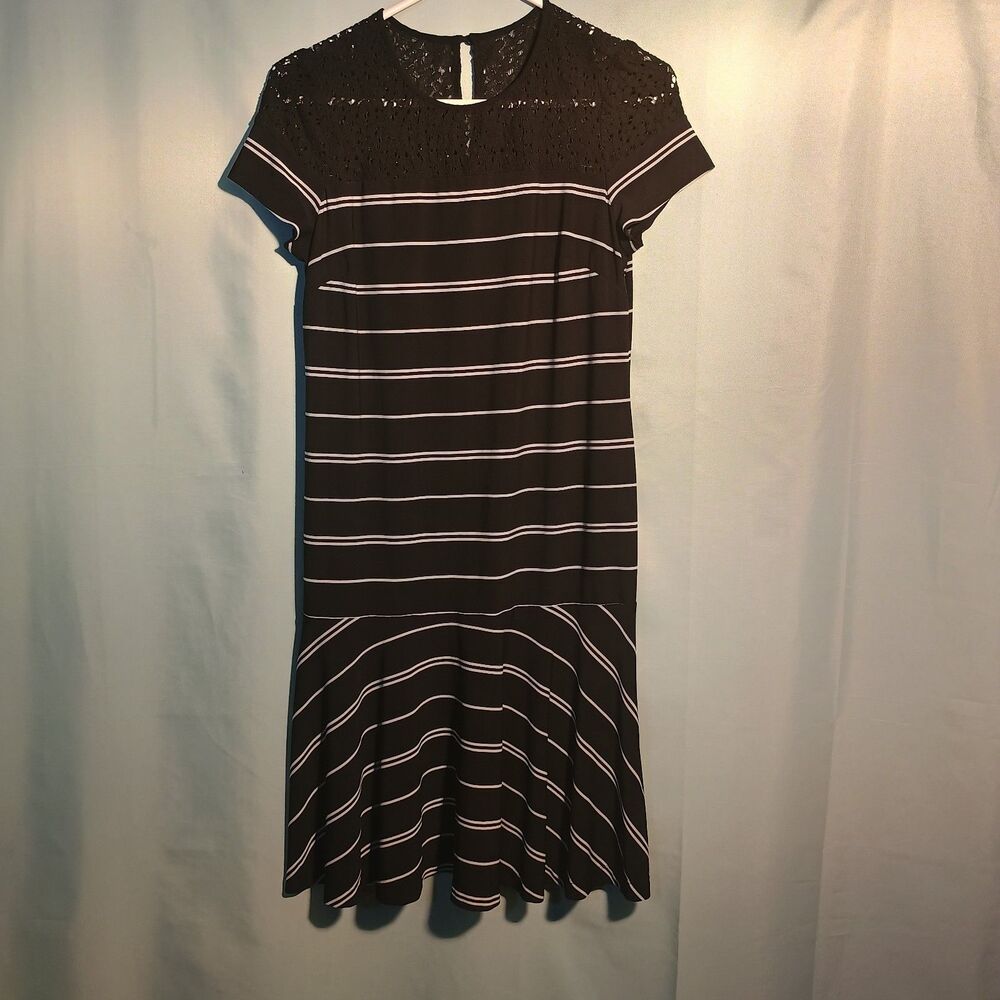 DressBlack White Stripe Dress with Lace Yoke | Short Sleeve Fit & Flare Style